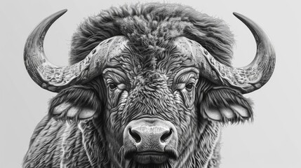 A photograph of a buffalo in a classic black and white style, perfect for use in editorial or commercial contexts
