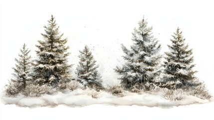 Obraz premium a snow-covered winter landscape with pine trees, serene holiday scene, watercolor effect, isolated on white background