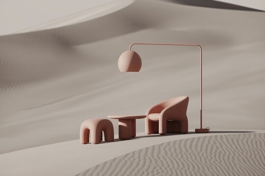 Desert Oasis Relaxation:  A serene scene of minimalist furniture in sandy hues rests on a dune, bathed in soft light. The perfect image for evoking calm and sophistication. 