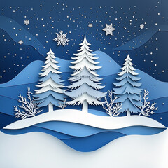 Obraz premium Winterlandschaft aus Papier mit schneebedeckten Bäumen und Sternen