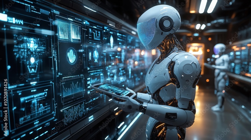 Poster a futuristic workspace with artificial intelligence analyzing data on advanced screens