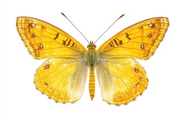 A close-up shot of a yellow butterfly perched on a white surface