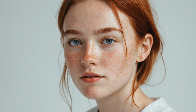 A vibrant and radiant and young woman model in a minimalist design freckles