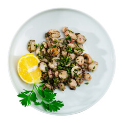 Plate of grilled baby squid garnished with parsley and served with lemon for Mediterranean style seafood meal. Isolated over white background