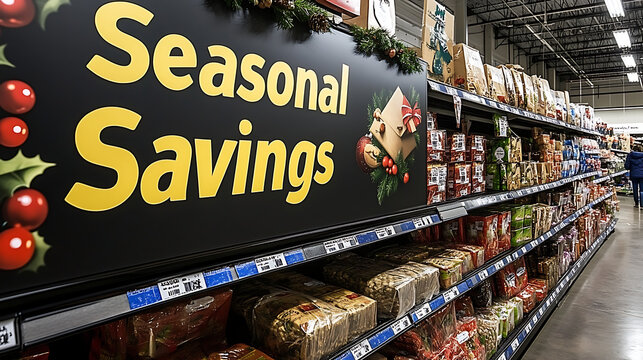 Christmas sale with seasonal discounts, festive store display with holiday-themed decorations, large "Seasonal Savings" sign and colorful displays 