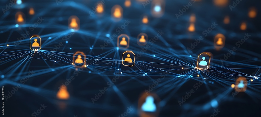 Aufkleber an abstract representation of business connections with glowing lines linking different business ico