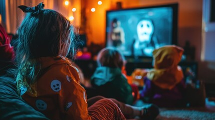 Obraz premium Children gathered around a television set