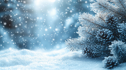 Soft blue background with tiny silver snowflakes and white stars scattered around, with pine branches on the right.