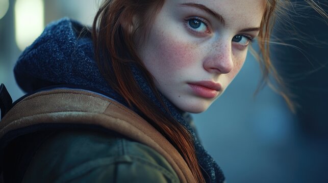 A woman with a backpack looks straight into the lens, ready for adventure