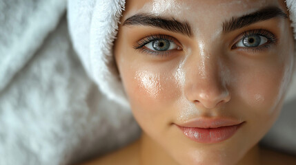 Beautiful young woman undergoing treatment with facial mask in beauty salon