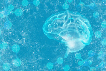 Molecular model and illustration of human brain on light blue background