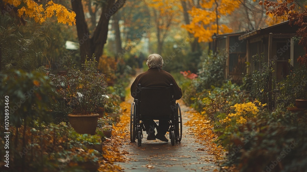 Poster an older individual in a wheelchair slowly moves down a serene garden path. surrounding them are col