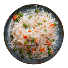 Appetizing rice with meat, carrots and peas served on plate. Isolated over white background