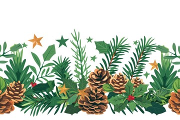 Obraz premium Decorative Christmas border featuring pine cones and holly leaves, ideal for holiday cards or festive designs