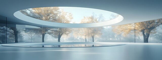 A circular building with a glass facade, interior view. The colors are white and light blue, reflecting the architecture of a tech company.