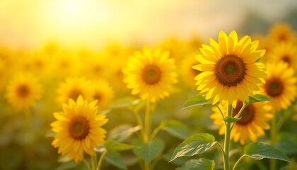 Obraz premium a field of sunflowers with the sun behind them.