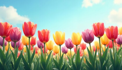 a field of tulips with the sky in the background.