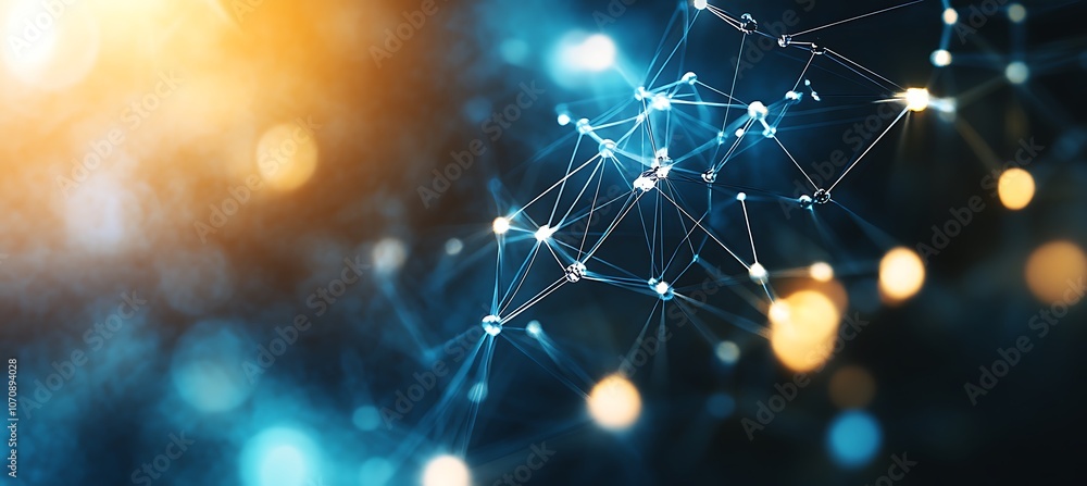 Poster an abstract representation of business connections with glowing lines linking different business ico