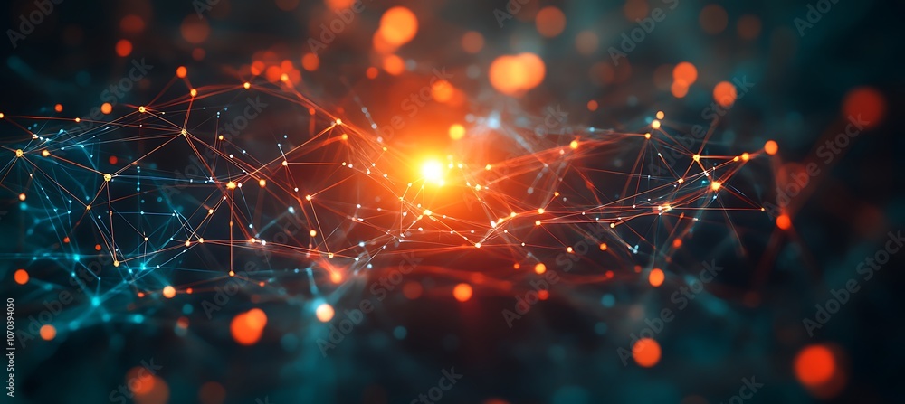 Poster an abstract representation of business connections with glowing lines linking different business ico