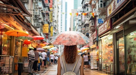 young woman with umbrella in the city