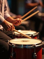 Naklejka premium mmer hits timbales with moving sticks blurred capturing intense energy and traditional spirit during Hispanic heritage celebration performances