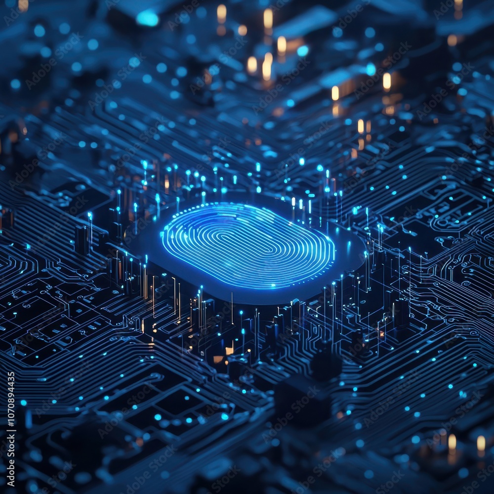 Poster explore the intricate design of a futuristic circuit board with a central fingerprint pattern for en