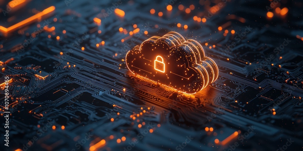 Poster glowing cloud with lock symbol on circuit board