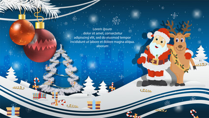 Christmas and New Year illustration Christmas tree balls on a fir tree Santa Claus and a deer hugging