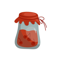 Strawberry jam in glass jar vector flat illustration. Homemade berry jelly cartoon icon.