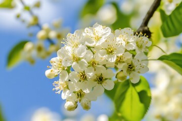 Fototapeta premium A cluster of white flowers grows on a tree branch in bloom