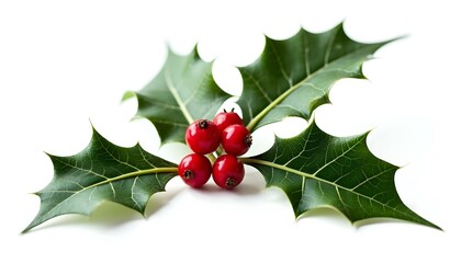 Close-Up of Holly Leaves and Berries Isolated on White Background
