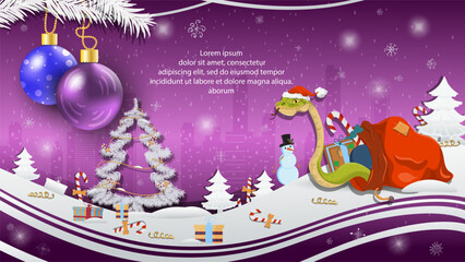 Fototapeta premium Christmas and New Year illustration Christmas tree balls on a fir tree a snake in a Santa Claus hat crawls out of a gift bag