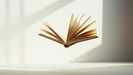 A minimalist design with open books floating in mid-air, featuring thin lines and a neutral...