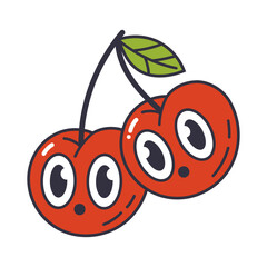 Funny cherry mascot. Cute cherries characters, comic cherry berries emoji faces flat vector illustration. Cartoon comic emoji