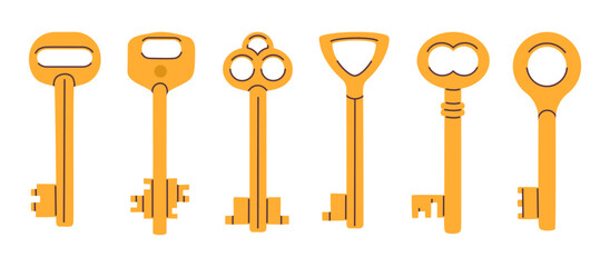 Golden door keys. Vintage retro keys, apartment, house or mailbox key, hand drawn gold keys flat vector illustration set. Cartoon keys icons