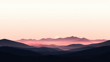 Fototapeta premium A minimalist landscape with distant mountain silhouettes under a pale gradient sky at dawn, using simple shapes and soft hues.