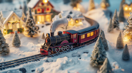 Christmas Train Chugging Through Snowy Landscape