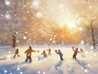 Children Enjoying a Snowball Fight in Winter Wonderland