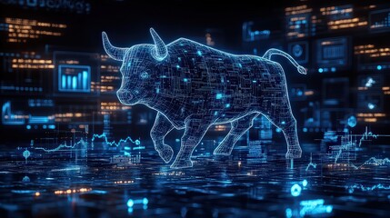  Digital bull icon charging forward with cryptocurrency symbols and graphs in background; electric blue outline conveys momentum and optimism in crypto market trend.
