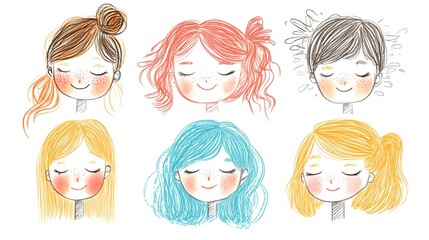 Cute Cartoon Girls with Different Hairstyles and Colors Set of 6 Illustrations