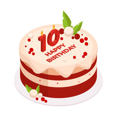 Happy birthday cake. Isometric sweet pastry dessert with birthday candles, tasty bakery vanilla or chocolate cake 3d vector illustration. Festive celebration birthday cake