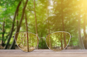 Glasses against beautiful forest. View through lenses more clear. Vision correction