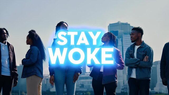 Group of people standing together with the words "Stay Woke" glowing in neon, symbolizing awareness and activism