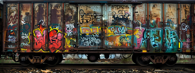 A colorful and vibrant graffiti-covered freight train car showcases street art culture and urban expression.