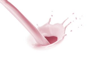 Flow of strawberry milkshake on white background