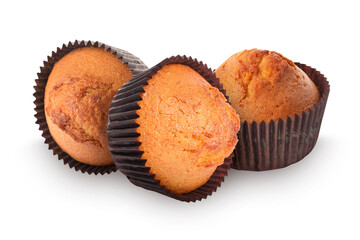 Tasty muffins in cupcake liners isolated on white