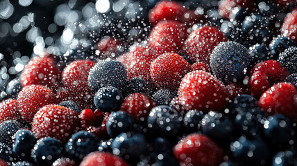 A mixture of strawberries, blueberries, and raspberries gently cascading down, glistening with sparkling sugar crystals, creating a festive and vibrant visual for holiday gatherings