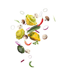 Many different fresh vegetables in air on white background