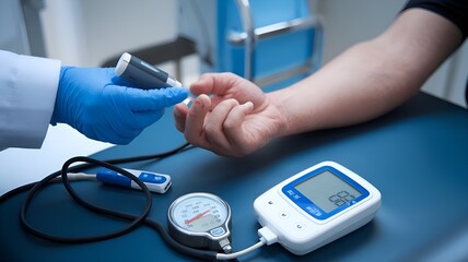People use a digital pressure gauge to assess their blood sugar levels and check for diabetes. The notion of healthcare and medicine