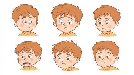 Boy Cartoon Character Expressions Sad Worried Scared and Anxious Set of 6 Illustrations